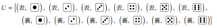標本空間 U の要素として、硬貨の「表」または「裏」と、さいころの1から6の目との組み合わせである全12個の組が、波かっこ内に列挙されている。