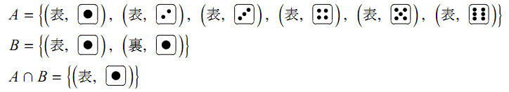 事象Aは(表, さいころの1の目)から(表, 6の目)までの6個の組、Bは(表, 1の目)と(裏, 1の目)の2個の組、A∩Bは(表, 1の目)の1個の組からなる集合としてそれぞれ表されている。